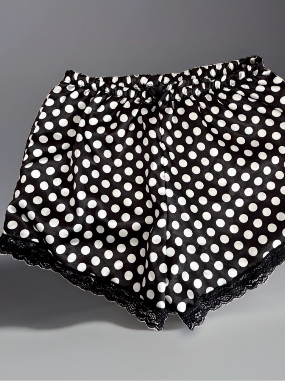 Midnight Coco Women’s Black And White Polkadot Satin Shorts Size M Lace Sexy